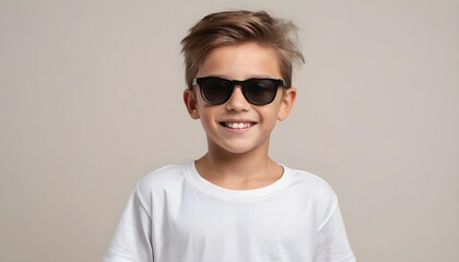 Wall Mural - mockup young boy smiling with blank white t-shirt and wearing sunglasses, modern hair on a neutral background, studio shot created with generative ai