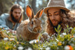 A group of friends engaged in a lively Easter-themed scavenger hunt, solving clues to find hidden treasures. Concept of interactive Easter activities. Generative Ai.