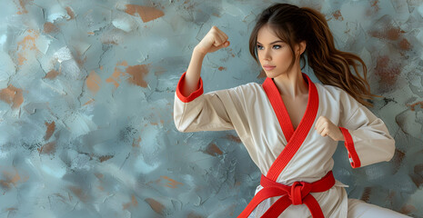 Latina woman doing karate positions and exercises, her fists and face are observed