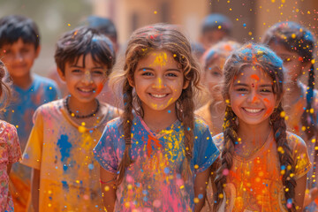 Poster - Holi celebrations in a school setting, with students and teachers engaging in cultural performances, art, and educational activities. Concept of festive school events. Generative Ai.