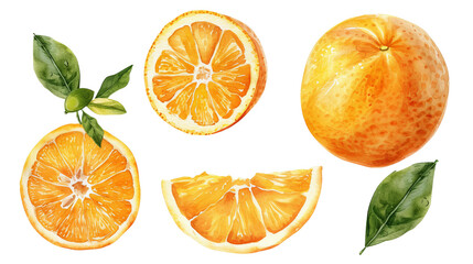 Canvas Print - Watercolor orange fruits. Citrus set with half isolated transparent background. PNG Format.
