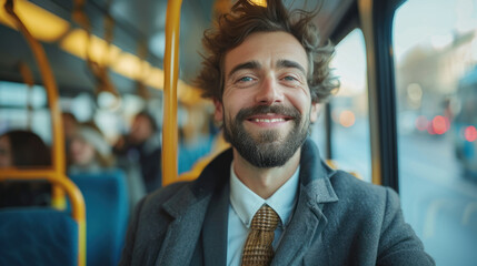 Portrait of a happy business man traveling by bus taking public transportation to reduce air pollution , businessman going to work by bus