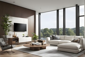 Modern living room with white couch, coffee table, furniture, and big window.