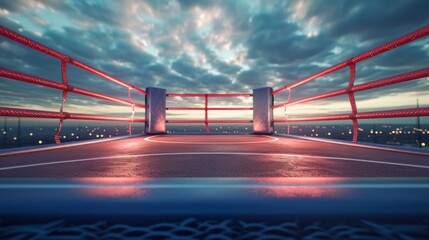 Wall Mural - Outdoor empty boxing ring with scenic cityscape and sunset, highlighted by red ropes. Concept of sports, urban landscape, sunset, boxing outdoors, city backdrop.