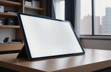 Tablet in the office with a blank white screen.