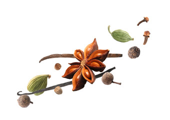 Poster - Different aromatic spices falling on white background