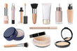 Face powders, concealers, correctors, liquid foundations and brushes isolated on white. Collection of makeup products
