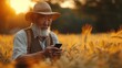 farmer using mobile phone in the field, in the style of precisionism influence