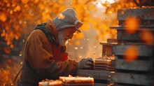 Autumn Bee Man Inspecting Bee Hives Pinites, In The Style Of Bokeh Panorama
