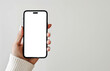 © Enrique - hand with great color nail design holds big phone with white screen iphone 13 flat view white background for website. transparent bakcground. PNG