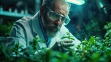 Fototapeta  - scientist in lab checking plants, in the style of dark green and light gray