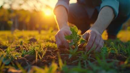 a man is planting a plant on a grassy field at sunset, in the style of light white and light emerald