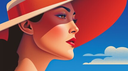 Wall Mural - Portrait of a beautiful woman in a hat against a blue sky in a minimalist style. Retro