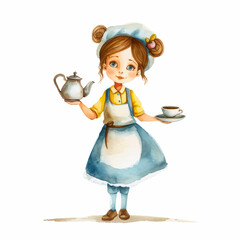 Wall Mural - Painting of a Girl holding a tea pot and a cup in her hand