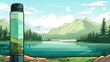 Illustration of a transparent plastic mineral water bottle, with a lake and mountains in the background