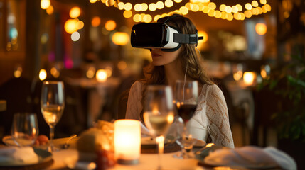 Beautiful young girl in a restaurant dining with virtual reality goggles,