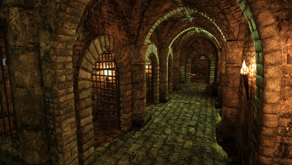 Poster - Passage in an old medieval castle dungeon with a row of empty jail cells. 3D illustration.