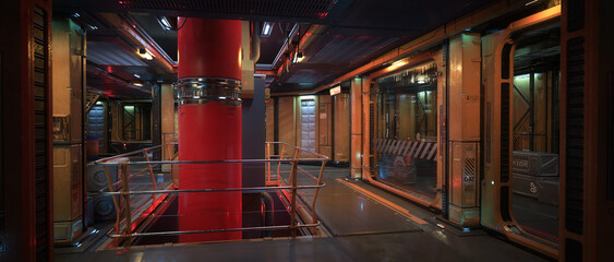 Poster - Science fiction space station interior environment. Wide panoramic 3D render.