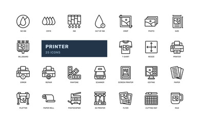 printer plotter and print product electronic office detailed outline line icon set