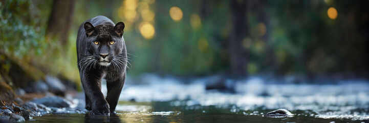 Panoramic image of a black panther in the river. Jaguar walking through a jungle low angle image in low light.