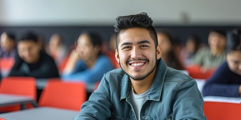 Latino student in sitting in classroom with a friendly smile and classmates in the blurred background
