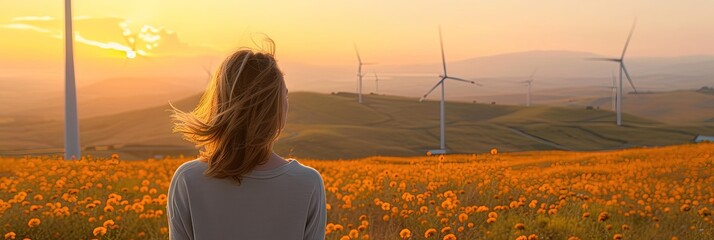 Woman overlooking wind farm with windmill turbine power generators in a hilly outdoor landscape