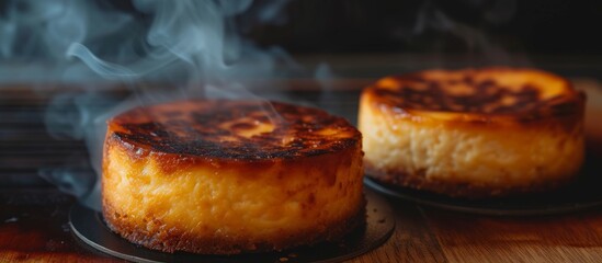 Canvas Print - Two burnt cheesecakes on a butcher table with free space for food issue.