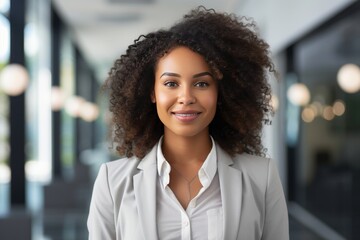 Confident, stylish and attractive young Afro-Black woman exudes happiness professionalism in a stock photo, dressed in business casual attire suitable for the office. Generative AI.