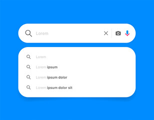 Poster - Search Bar with suggestions for UI UX design and web site. Search Address and navigation bar icon. Collection of search form templates for websites. Search engine web browser window template.