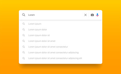 Poster - Search Bar with suggestions for UI UX design and web site. Search Address and navigation bar icon. Collection of search form templates for websites. Search engine web browser window template.
