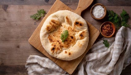 Wall Mural - Homemade pita bread on neutral background with copy space 