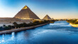Dreamlike view of the Pyramid of Khafre and the Nile river in Cairo, Egypt