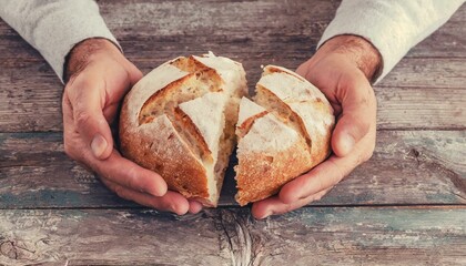 Wall Mural - Broken white bread in male hands, vintage toning