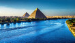 Dreamlike view of the Pyramid of Khafre and the Nile river in Cairo, Egypt