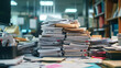 © Sunshine - A cluttered office space showing an overwhelming amount of documents and paperwork piled on a desk.