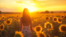 Back View Of A Woman In A White Dress, Gazing At The Sunset Amid A Vibrant Field Of Blooming Sunflowers.