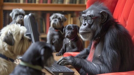 Canvas Print - A monkey sitting in a chair with dogs around him, AI