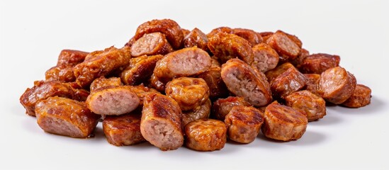 Wall Mural - Sausage bits fried and set on a white background.