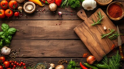 Wall Mural - Food cooking background, ingredients for preparation vegan dishes, vegetables, roots, spices, mushrooms and herbs. Old cutting board. Healthy food concept - generative ai