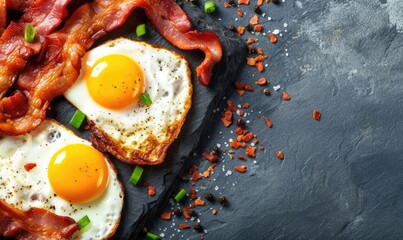 Wall Mural - Breakfast with fried eggs, bacon and vegetables on black stone background