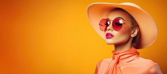 Elegant lady in wide brimmed hat with red lips makeup on orange background. Young and beautiful woman is ready for vacation or party. Retro fashion concept. Banner with copy space. Peach color