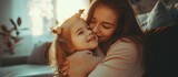 Fototapeta  - Happy family mother and daughter hugging in beautiful moment at home. AI generated image