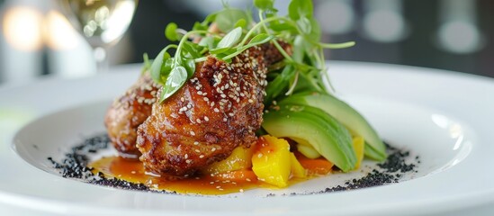 Poster - Sesame-coated quail, accompanied by a salad of avocado and greens