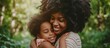 © yusufadi - Happy family afro african mother and daughter hugging in nature outdoor. AI generated image