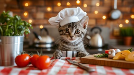 Poster - A cat wearing a chef's hat sitting on top of some food, AI