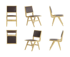 Wall Mural - Set of six views of a light wooden chair with a dark brown leather seat and back isolated on a transparent background. Front view, top view, two sides, and two perspectives. 3d render