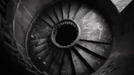 Sticker - A black and white photo of a spiral staircase in an old building, AI