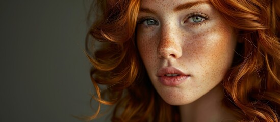 Poster - Redheaded Caucasian model with freckled skin posing in studio, wearing a bodysuit on a gray background.