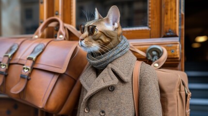 A cat wearing a coat and glasses standing next to two suitcases, AI