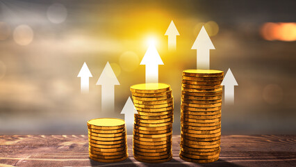 Poster - Stair stack of golden coins with increased graph arrow